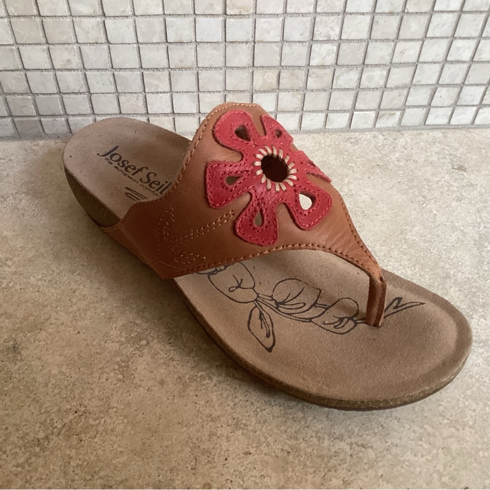 Josef Seibel Tan Sandal with Red Floral Cutout